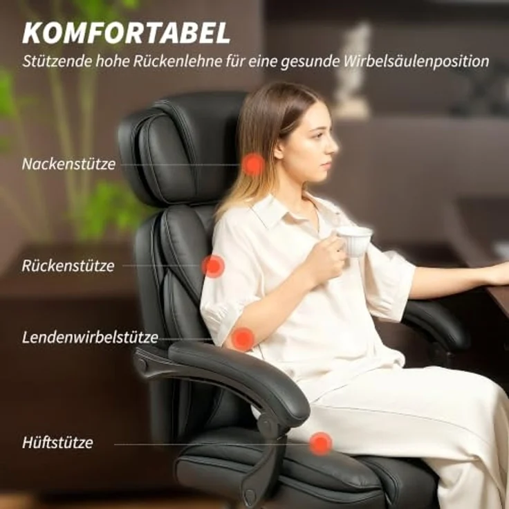 HOMCOM Schreibtischstuhl Bürostuhl mit Lendenwirbelstütze, Armlehne, Computerstuhl (Höhenverstellbarer Drehstuhl, 1 St), aus PU-Leder, Schwarz – Bild 4