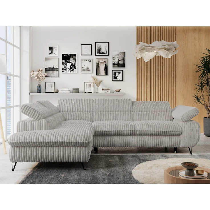 Mks Möbel 'Peter L-form' Ecksofa mit Bettfunktion, Bettkasten & einstellbaren Kopfstützen, Hellgrau, Cord, links – Bild 1