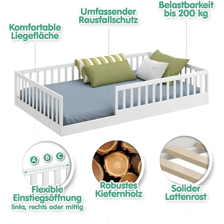 CADANI Kinderbett Timi Bodenbett bis 200 kg belastbar mit abnehmbarem Rausfallschutz (120x200 cm, Montessori Kinder- & Jugendbett aus Kiefer Massivholz), inkl. stabilem Roll-Lattenrost, Natur – Bild 6