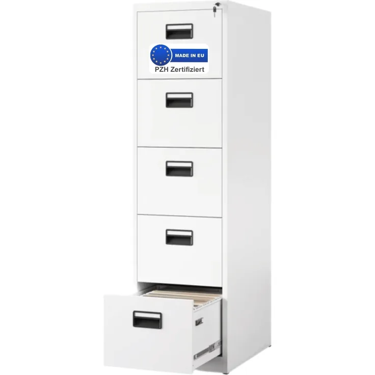 Hängeregisterschrank abschließbar TION - 5 Schubladen mit Schloss | Aktenschrank Büroschrank aus Stahl Metallschrank, 163x46x62cm Weiß