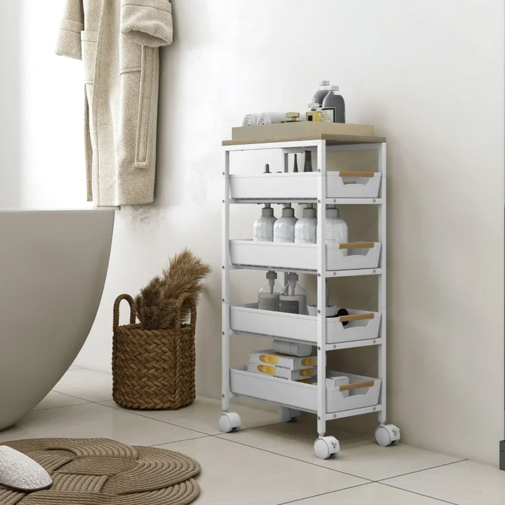 Rollwagen 39,5 x 24 x 82 cm mit 4 Schubladen, Metallrahmen und Holzoptik – Bild 3