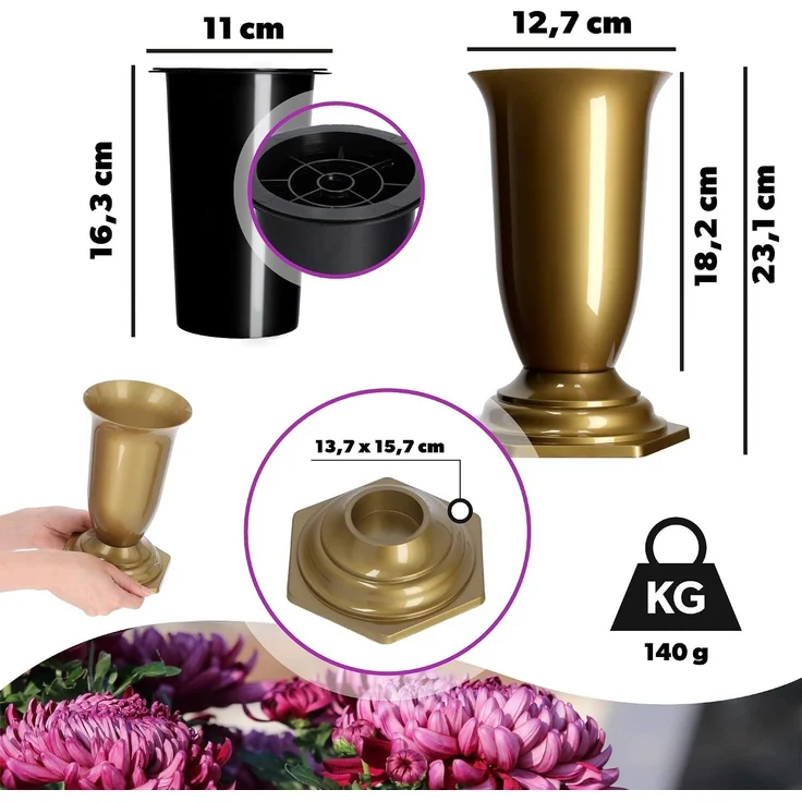 KADAX Vase, Fläschchen für Friedhofsgrab, goldener Grabstein, 23 cm – Bild 3