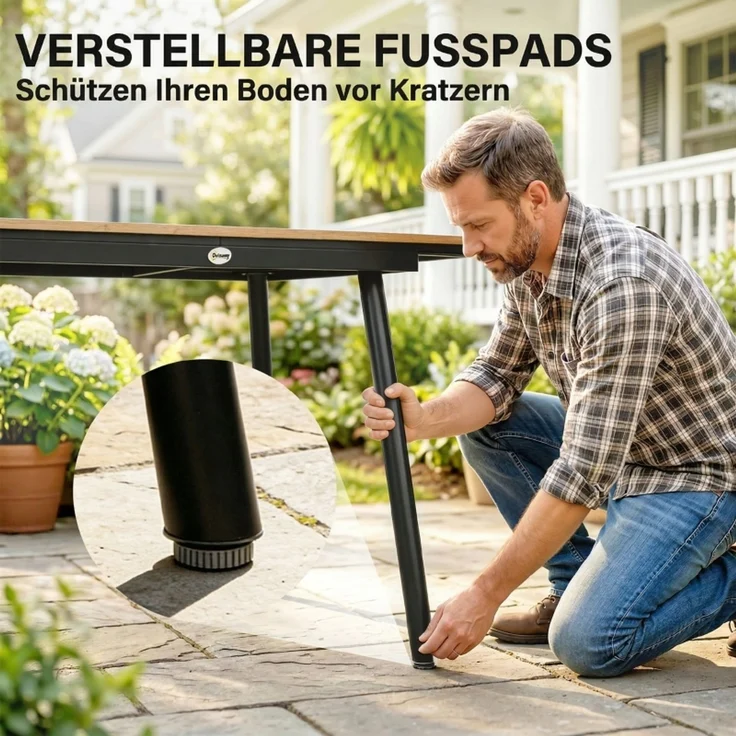 Gartentisch 140 x 80 cm für 6 Personen rostbeständig Outdoor Esstisch mit WPC-Tischplatte Verstellbare Füße, Teak--Teak--140x80x75cm--YOUDENOVA – Bild 7