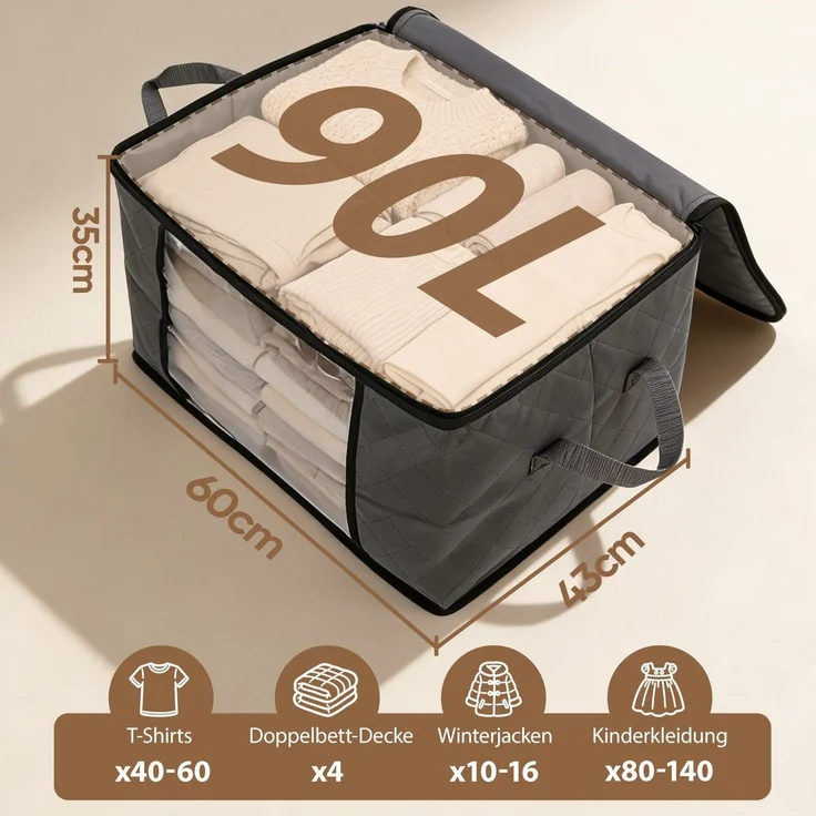 Sekey Faltbare Aufbewahrungstasche Aufbewahrungsbox mit Deckel Reißverschluss und Griffen als Kleiderschrank Organizer für Kleidung Bettwäsche und Bettdecken 60 x 43 x 35 cm 2-teilig – Bild 5