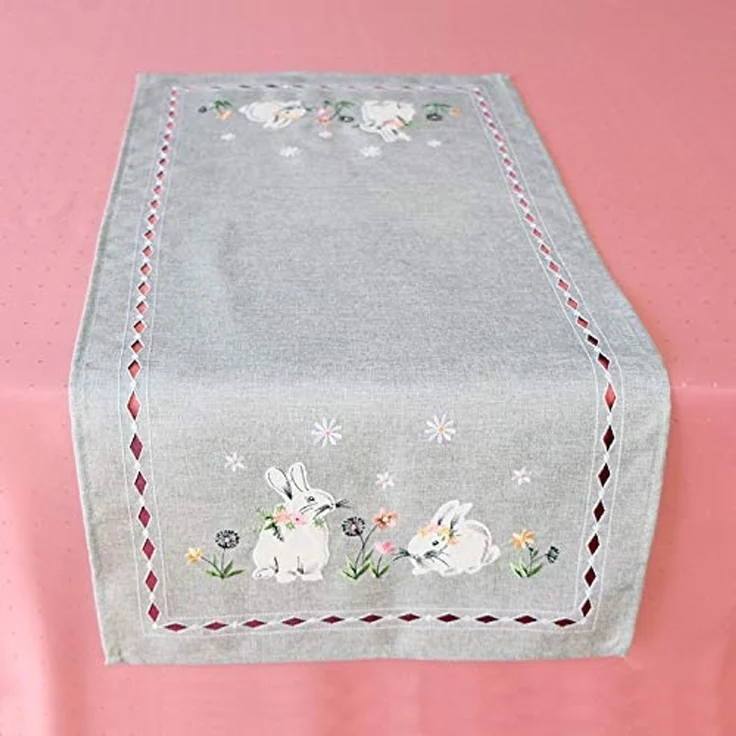 texpot Tischdecke Tischläufer Stickerei Hasen Frühling Ostern Dekoration (1-tlg) – Bild 4