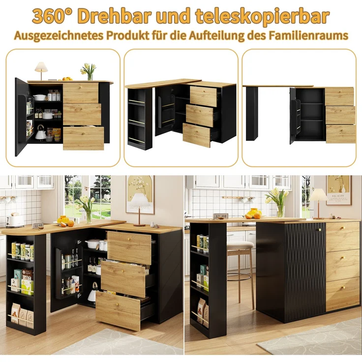 Ausziehbarer Bartisch 138–204×39×104 cm, 360° Dreh- und Ausziehfunktion, Wellendekor-Türen, 3 Schubladen, 3-stufiges Seitenregal, 104cmx138-204cmx39cm, Schwarz – Bild 6