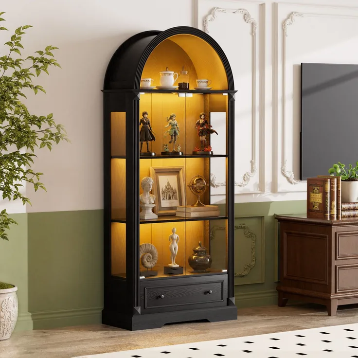 180cm hohe Vitrine in Bogenform, Küchenschrank mit Glastüren, ausgestattet mit LED-Lichtleisten und Schubladen; Vitrine im modernen Landhausstil, geeignet für Wohnzimmer, Küche und Esszimmer, Schwarz--Schwarz--80x35x180cm--YOUDENOVA