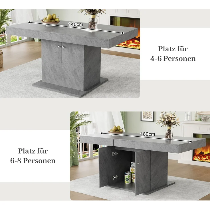 Ausziehbarer Esstisch 140/180x80x76 cm, Betonoptik Grau, mit Stauraum – Bild 6