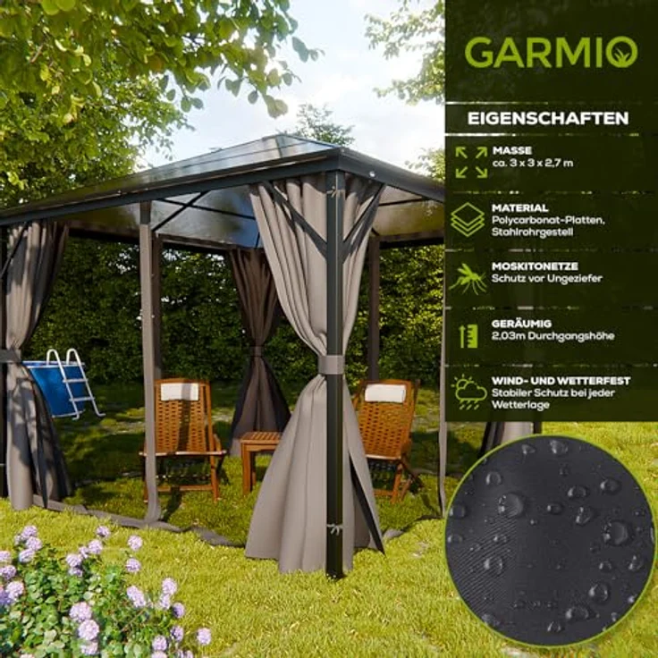 GARMIO Pavillon Rom, 3x3m, schwarze Überdachung mit Vorhang und Mückennetz, Metallgestell, wasserdicht, UV-Schutz, 2,7m Höhe, Polycarbonat Platten – Bild 2