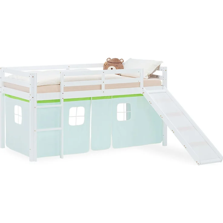 Hochbett Kinder 90x200 cm mit Rutsche Kinderbett Kinderhochbett Stockbett Vorhang Grün Leiter Holz Massiv – Bild 1