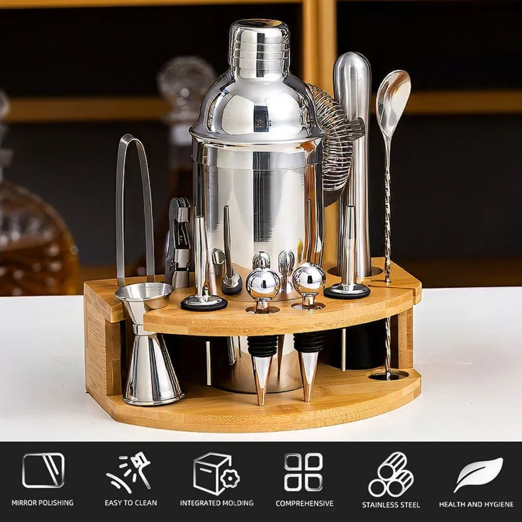 GLIESE Cocktail-Set Edelstahl Cocktail Shaker Set 12-teiliges mit Bar Zubehör, (12-tlg, Cocktail Shaker Setz), 750ml, mit Bambus-Ständer – Bild 3