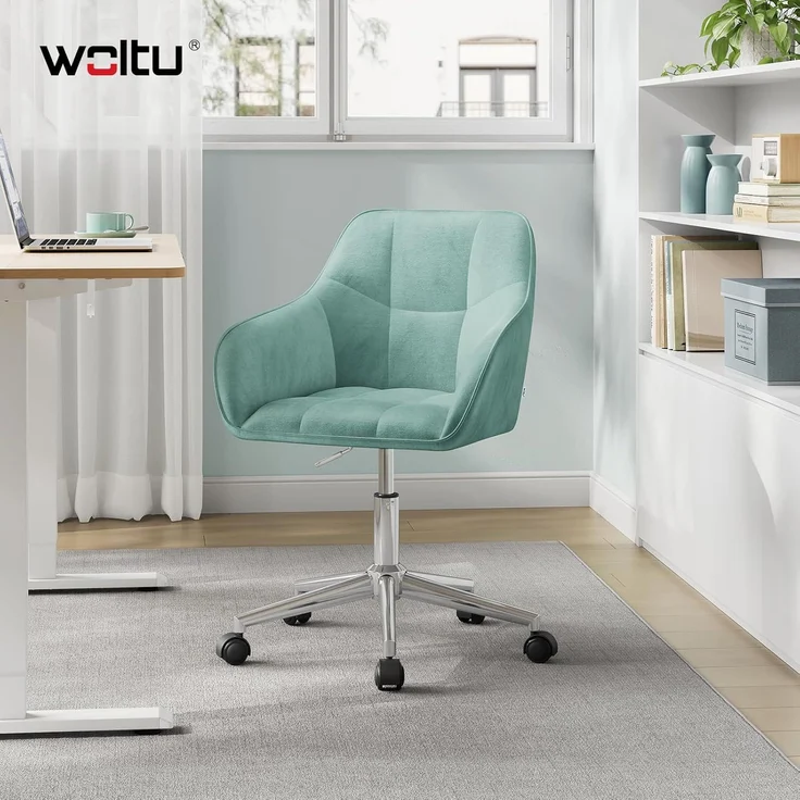 WOLTU Homeoffice Stuhl, Schreibtischstuhl, Drehstuhl, Schminkstuhl, höhenverstellbar, bis 150 kg belastbar, mit Armlehnen Samtsitz, für Schlafzimmer Büro Wohnzimmer, Türkis BS145ts – Bild 2
