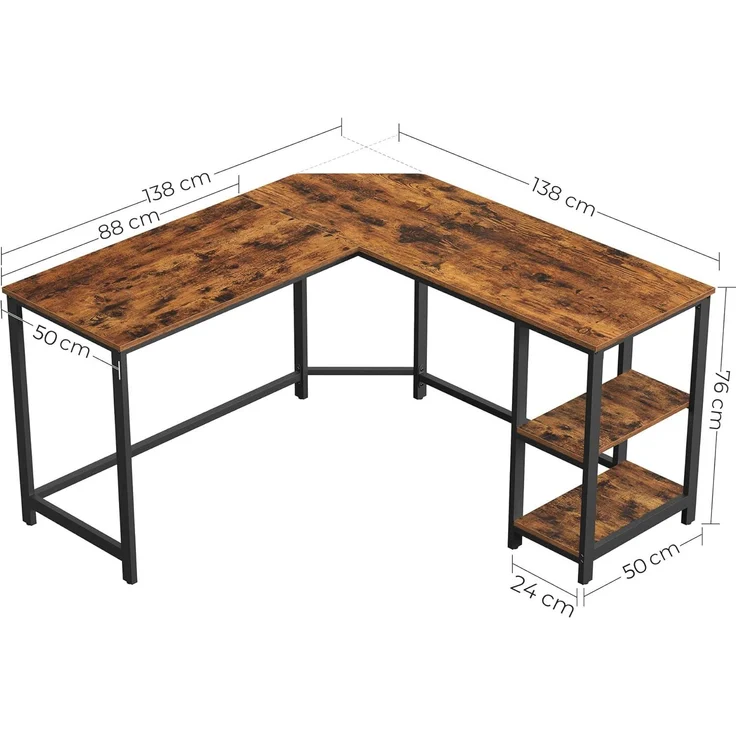 VASAGLE L-förmiger Eckschreibtisch mit 2 Ablagen, Industrie-Design, Vintagebraun/Schwarz, 138x138x76cm – Bild 3