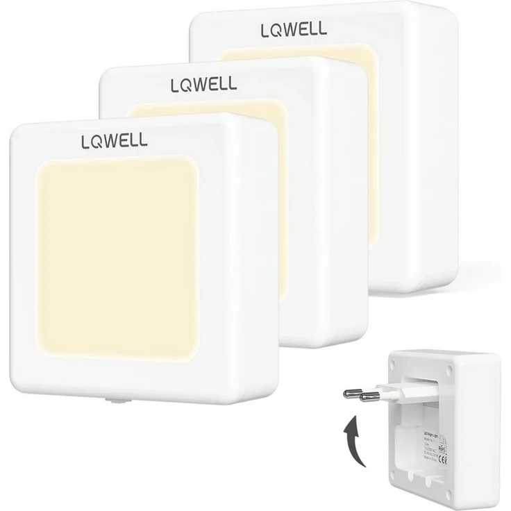 LQWELL LED Steckdosenleuchte Nachtlicht Steckdose Faltbar mit Dämmerungssensor, LED fest integriert, Nachtlampe Einstellbare Helligkeit, Automatisch Steckdosenlicht, Orientierungslicht Warmweiß, Bewegungsmelder, 1/2/3 Stück LED Nachtlicht Kinder – Bild 1