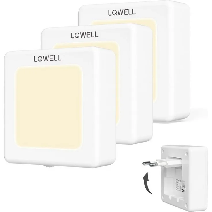 LQWELL LED Steckdosenleuchte Nachtlicht Steckdose Faltbar mit Dämmerungssensor, LED fest integriert, Nachtlampe Einstellbare Helligkeit, Automatisch Steckdosenlicht, Orientierungslicht Warmweiß, Bewegungsmelder, 1/2/3 Stück LED Nachtlicht Kinder