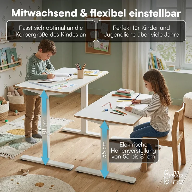 Bellabino 'Toro' Kinderschreibtisch 110x60 cm, elektrisch höhenverstellbar, weiß, Schreibtisch mit kindergesicherter Steuerung, LED-Höhenanzeige und 3 Speicherhöhen, Jugendschreibtisch mit Rucksackhaken, ab 6 Jahren – Bild 4