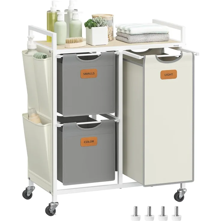 VASAGLE Wäschekorb 3 Fächer, Wäschesammler 100 L, Wäschesortierer, Rollen, Wäschewagen mit Ablage, Wäschesack, kleine seitliche Taschen, 6 Etiketten, naturbeige-taubengrau-cremeweiß