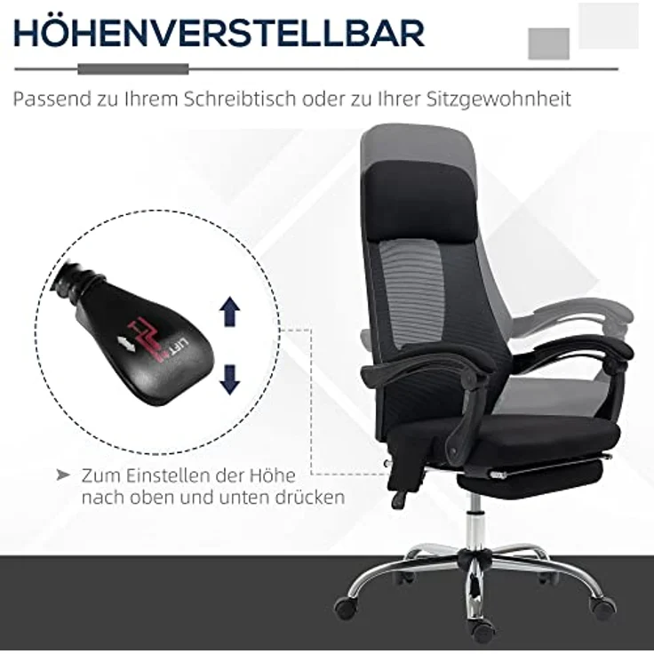 Vinsetto Bürostuhl mit Massagefunktion und Liegefunktion, ergonomischer Gaming Stuhl mit USB-Schnittstelle und atmungsaktivem Netzgewebe – Bild 6
