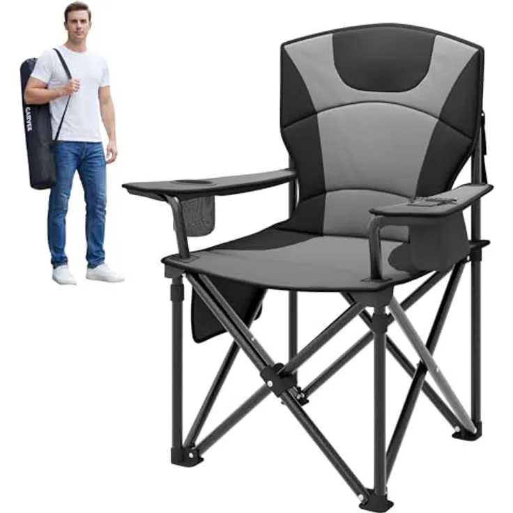 GarveeHome Campingstuhl faltbar bis 200 KG belastbar, Ultragroßer Angelstuhl 64 cm mit hoher Rückenlehne & Polsterung, Camping Stuhl Sessel inkl. Tragetasche für Garten Balkon Strand Schwarz/Grau