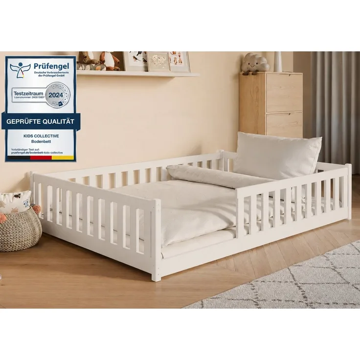 Kids Collective Kinderbett Bodenbett Bett mit Rausfallschutz & Lattenrost Montessori Bett Kinder (weitere Größen 80x160, 80x180, 90x190, 90x200, 120x200 cm), Gitterbett Jugendbett Einzelbett Baumwolle 140x200 cm