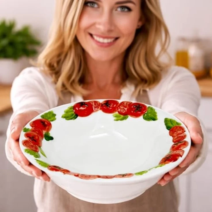 Lashuma Salatschüssel Tomate, Keramik, (1-tlg), Tiefe Pastaschale mit Relief Dekor 27 cm Ø – Bild 4