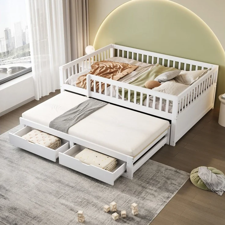 Merax Daybett mit Ausziehbett 90x190cm (Jugendbett Doppelbett Kinderbett Sofabett, Kiefernholz, 1 tlg), Schlafsofa Tagesbett 140x200cm mit 2 Schubladen & Sicherheitsgitter – Bild 1