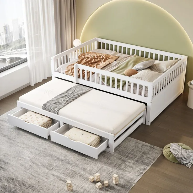 Merax Daybett mit Ausziehbett 90x190cm (Jugendbett Doppelbett Kinderbett Sofabett, Kiefernholz, 1 tlg), Schlafsofa Tagesbett 140x200cm mit 2 Schubladen & Sicherheitsgitter