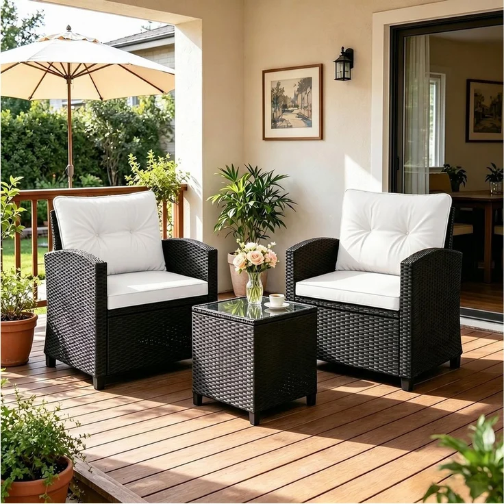 COSTWAY Balkonset, (3-tlg), Gartenmöbel Set Rattan mit Kissen, 2 Stühlen, Tisch – Bild 1