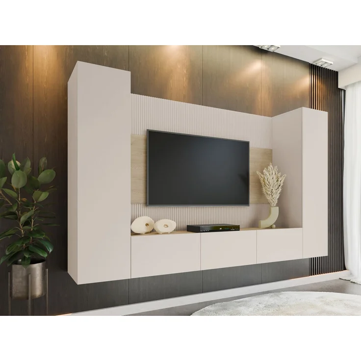 Wohnwand Deromi V, Griffloses Öffnungssystem (Farbe: Sandbeige + Eiche Cremona) – Bild 1