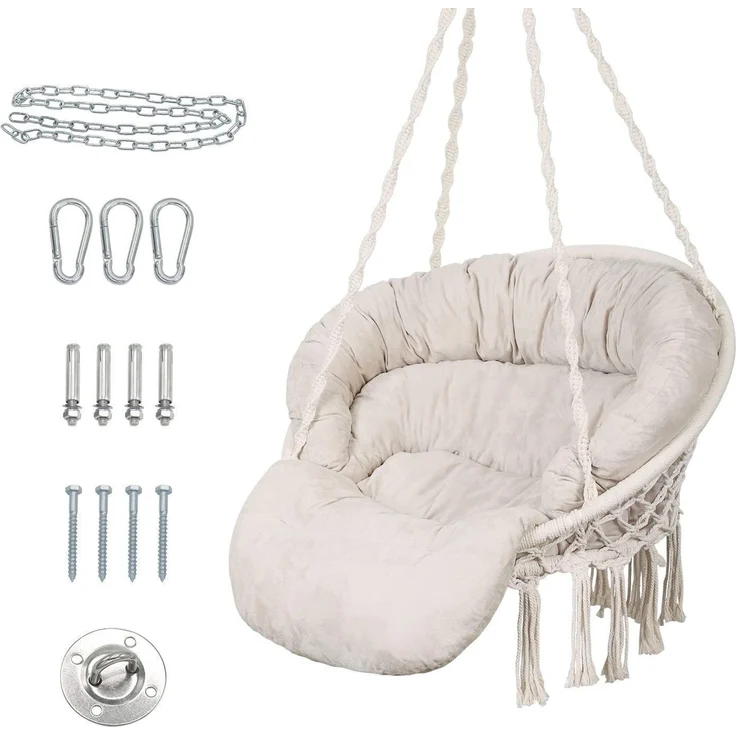 Hängesessel Makramee Bohemian Kissen Indoor Outdoor 150kg Beige – Bild 1