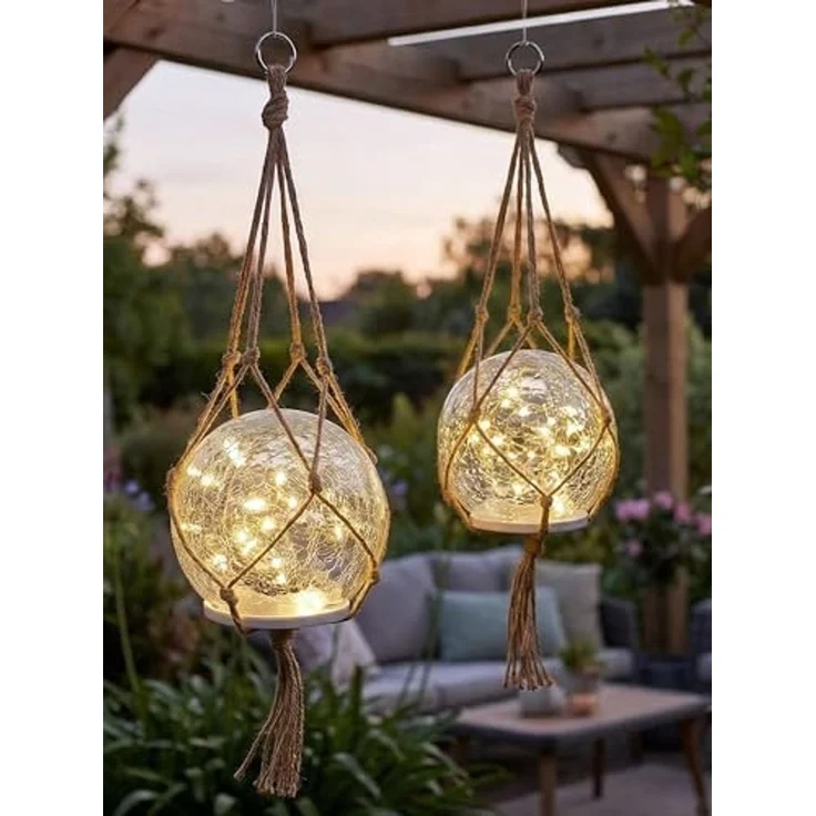 Arnusa LED Solarleuchte Solarlampe Garten als Hängelampe und Tischlampe Solar Kugel 2er Set, Dämmerungssensor, LED fest integriert, warmweiß, Boho-Stil mit hochwertigem Glas mit Jute Netz – Bild 1