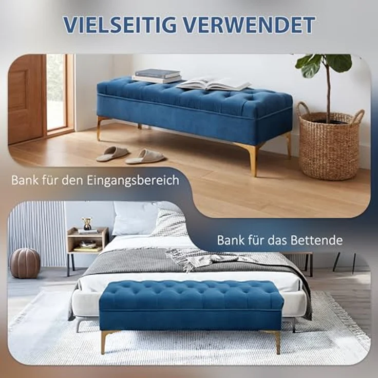 HOMCOM Polsterbank Schlafzimmerbank mit erhöhten Beine (Sitzottomane, 1-St, Sitzbank), Samt Blau 118 x 45 x 42 cm – Bild 5