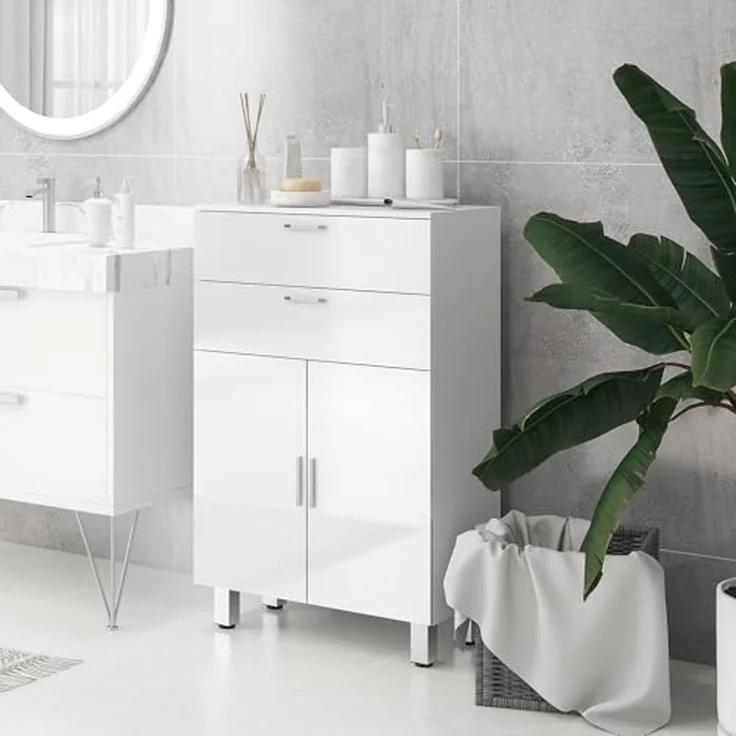 Kleankin Badkommode Badezimmerschrank (Badezimmer-Aufbewahrungsschrank, 1 St, mit Schublade, verstellbare Regale), 60 x 30 x 93 cm, Weiß – Bild 2