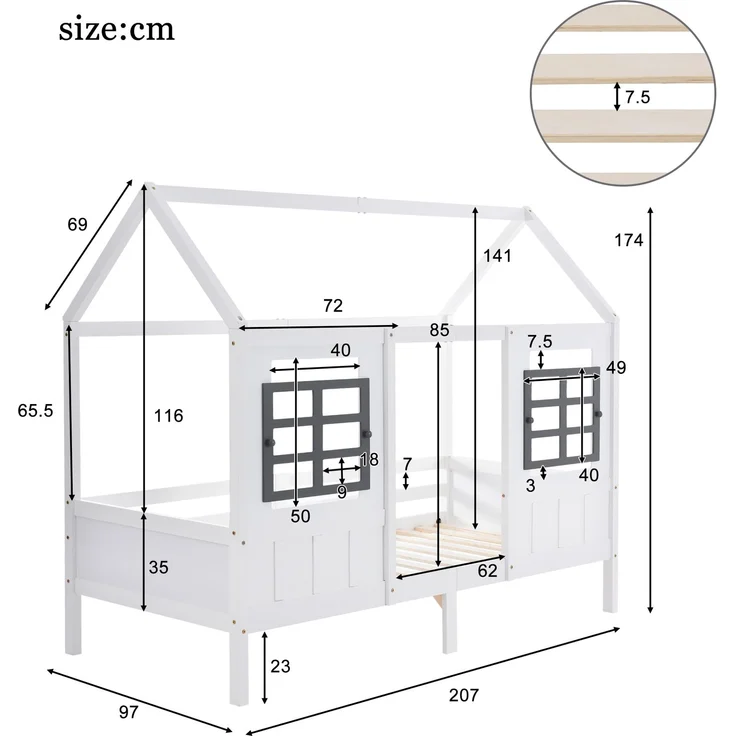 U-life Hausbett 90x200 cm, Einzelbett und Kinderbett, mit 2 Fenstern und Sicherheitsgeländer, Kiefernholz, Weiß – Bild 10
