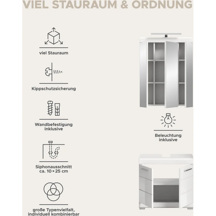 Xonox Scout Badkombination (B/H/T: 60x191x34 cm) in weiß Nachbildung und weiß Hochglanz tiefzieh – Bild 12