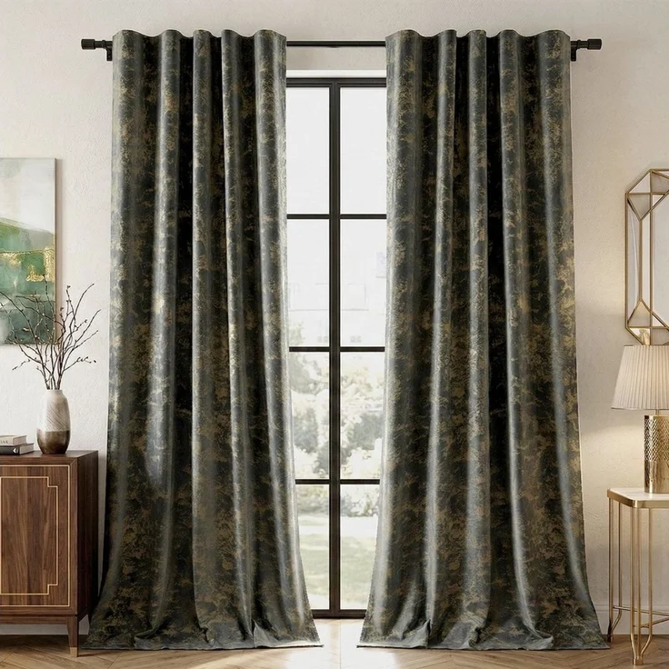 SERBASIC Verdunkelungsvorhang Samt-Verdunkelungsvorhang im 2er-Set, 132 cm breit, mit Goldprint (2 St), Multifunktionsband, blickdicht, Samt, Multifunktionsband mit Bindebändern, schonend waschbar und praktisch – Bild 1