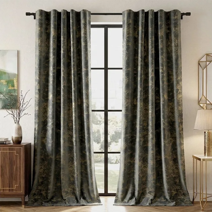 SERBASIC Verdunkelungsvorhang Samt-Verdunkelungsvorhang im 2er-Set, 132 cm breit, mit Goldprint (2 St), Multifunktionsband, blickdicht, Samt, Multifunktionsband mit Bindebändern, schonend waschbar und praktisch