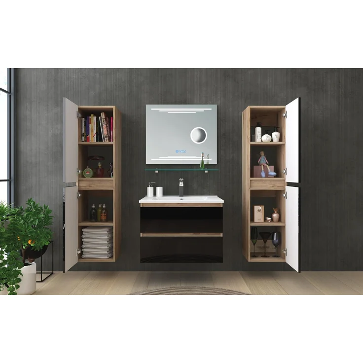 Homeline Badmöbel Set Eiche/Schwarz Kaiser Hochglanz 60cm Spiegel incl LED (60, 5, 1x Seitenschränke) – Bild 3