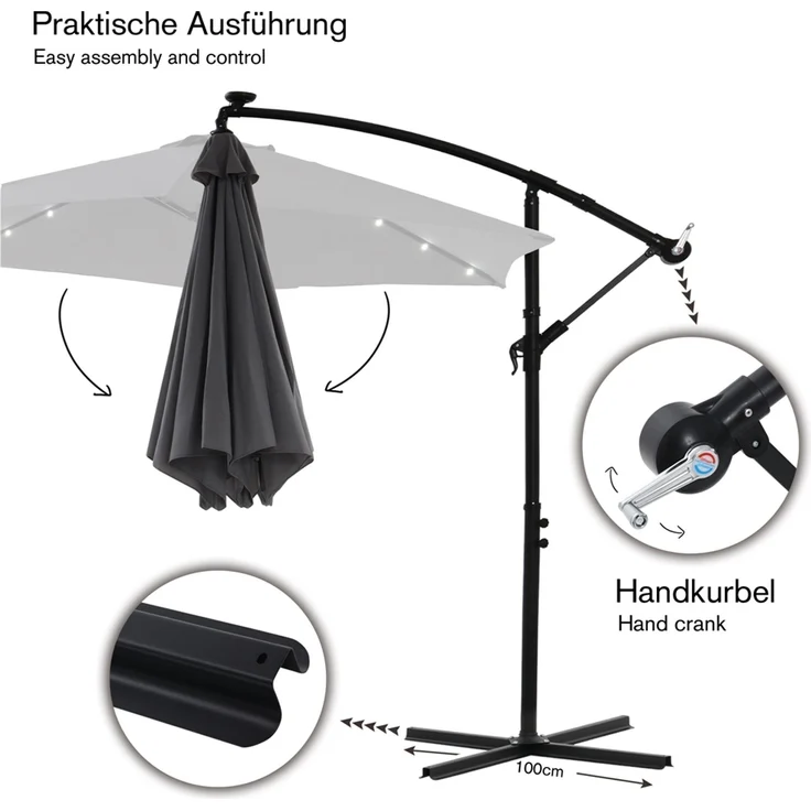Ampelschirm ⌀3,5M Grau mit LED Sonnenschutz Kurbel Solar Schattenspender Garten – Bild 4
