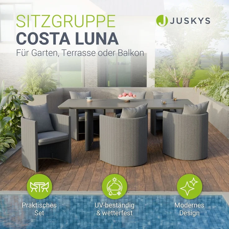 Juskys Premium Gartengarnitur Costa Luna 7-teilig - Witterungsbeständig & pflegeleicht - mit Tisch & 6 Stühlen - inkl. weicher Sitzkissen - Anthrazit – Bild 2