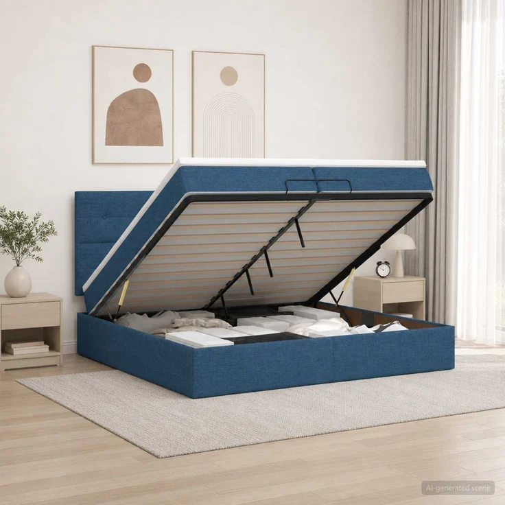vidaXL Ottoman Bett mit Matratze mit Kopfteil Blau 200 x 200 cm Stoff 3457521 – Bild 1