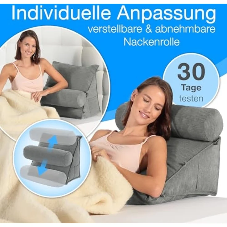 aktivshop Rückenkissen mit Nackenrolle für Bett & Sofa, 55x50x30cm, waschbarer Bezug – Bild 3