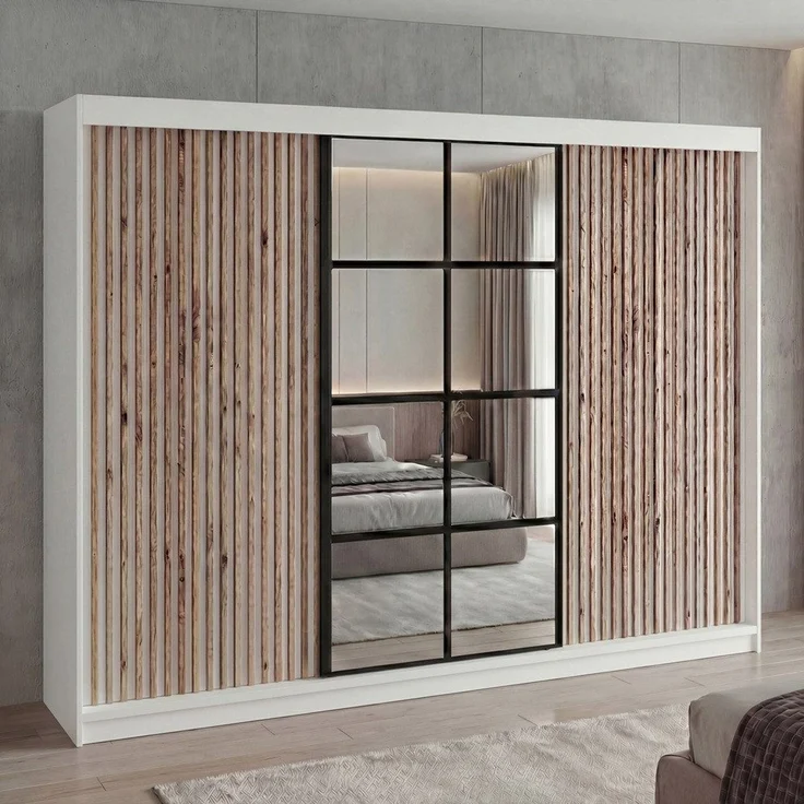 A&J MöbelLand 'NORIVO' Schwebetürenschrank, 200 cm, mit Spiegel und 3D-Lamellen, Weiß, Lamellen: Weiß, Basic – Bild 1