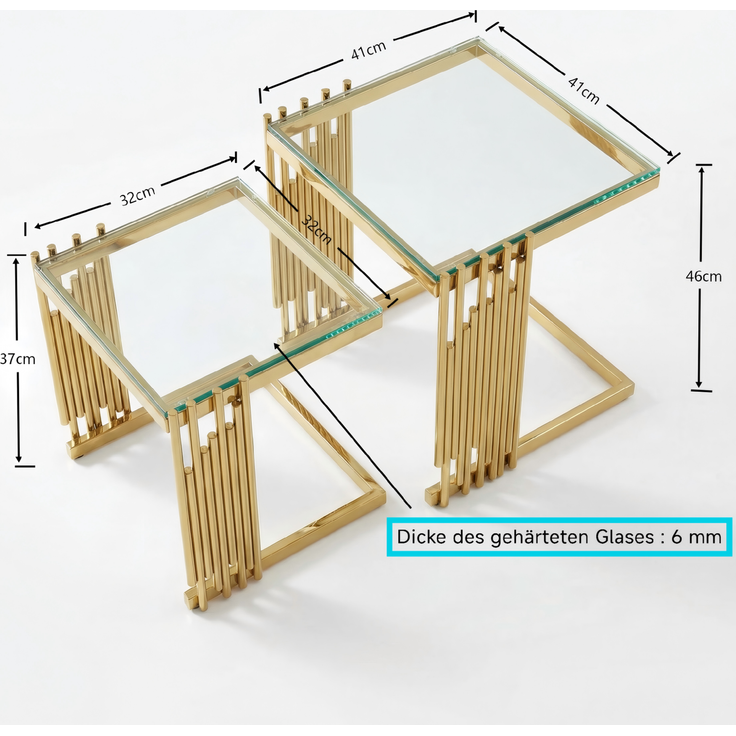 Beistelltisch-Set 41 x 41 x 46 cm in Gold und Klar mit Glasplatte und Edelstahlgestell – Bild 5