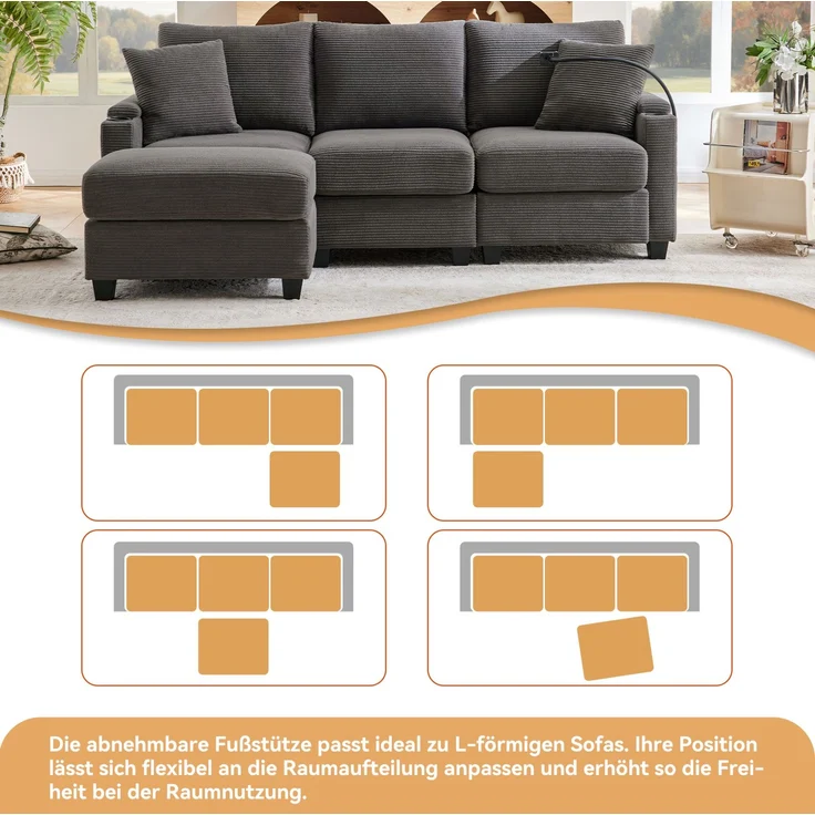 DESVIAE Sofa mit beweglichem Hocker und USB-Ladeanschluss 213,5x87x139 cm Cord Dunkelgrau – Bild 4