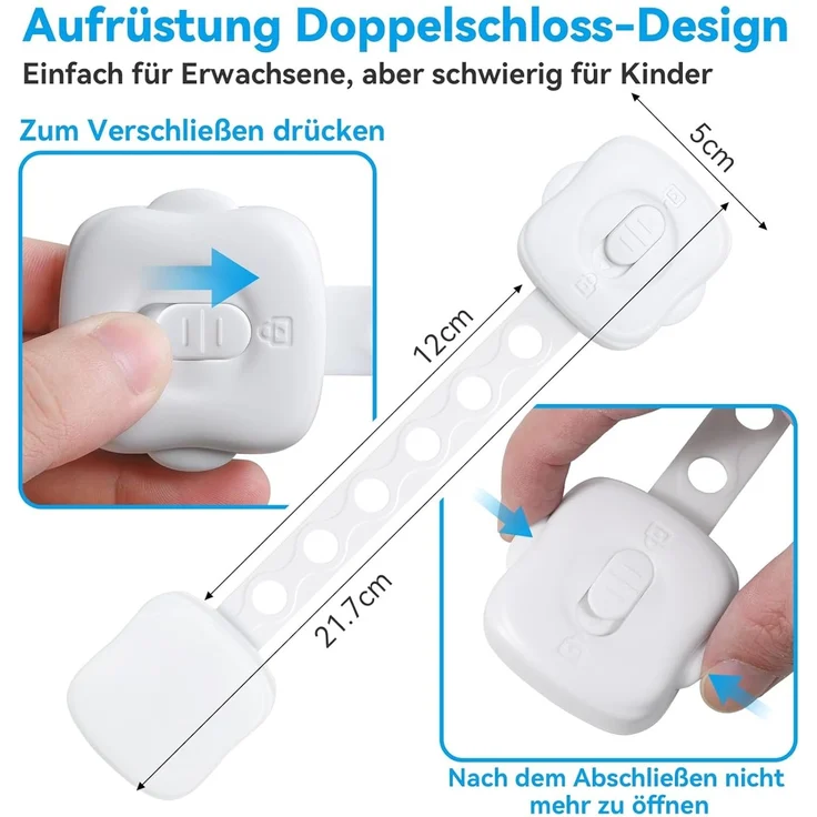 ECHOCUBE Kindersichere Schrankschlösser, 6 Stück Doppelschlösser Baby-sichere Schrankschlösser, verstellbare Baby-Sicherheitsschlösser für Schränke, Schubladen, Kühlschrank, Toilette (weiß) – Bild 2
