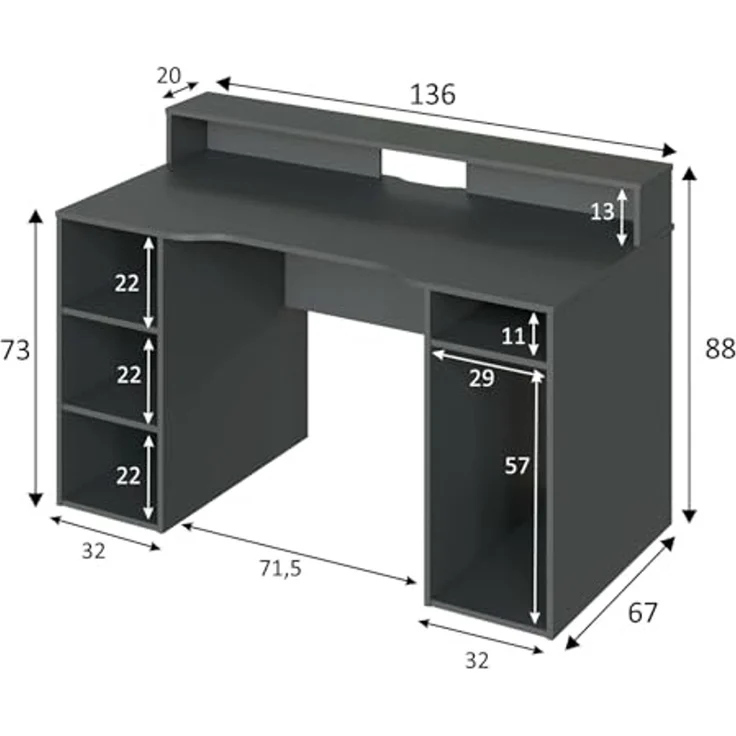 Dmora - Phoenix Schreibtisch, Moderner Multifunktions-Gaming-Schreibtisch, Studiertisch für PC und CD-Halter, Studiertisch mit Regalen, 136x67h88 cm, Anthrazit – Bild 2