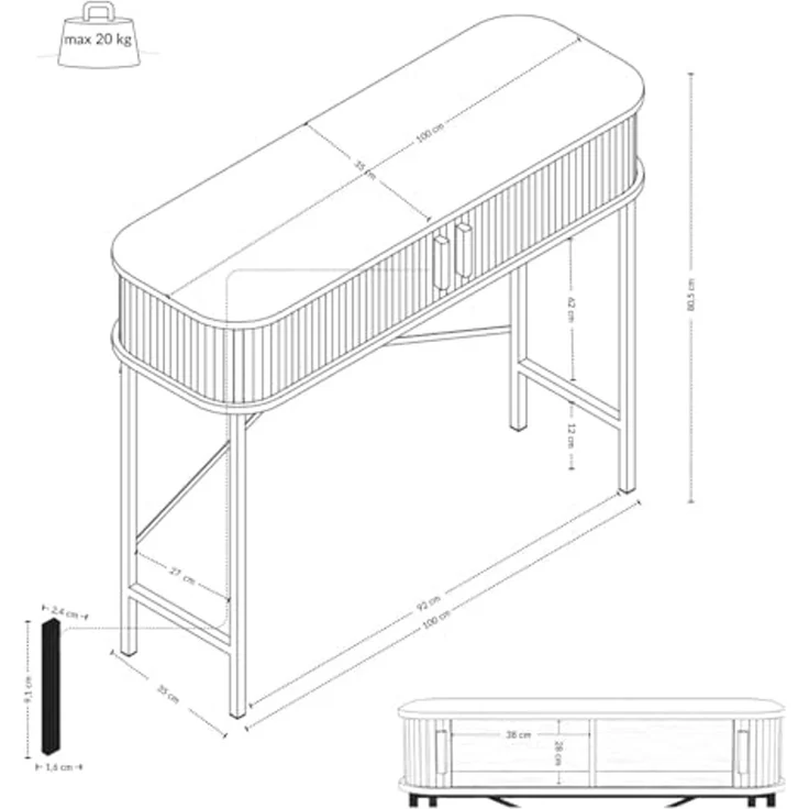 EDAXO Schreibtisch Konsole mit Schiebetüren SCAVA, geriffelt, 100 x 35 x 80,5 cm (funktional, Einzelmöbel), Lamellenfront – Bild 2