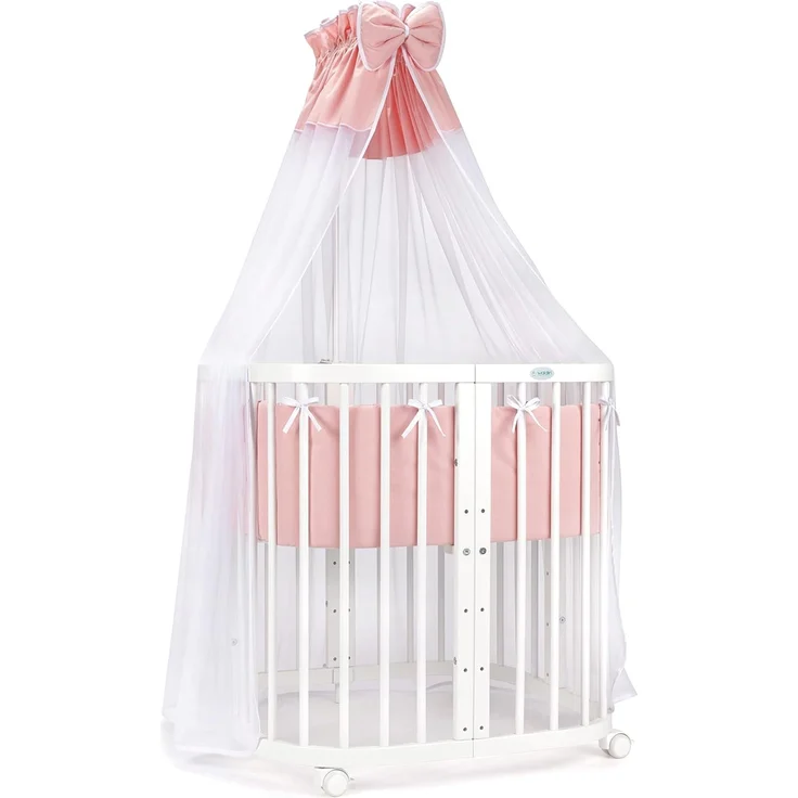 Waldin Babybett aus Holz 7in1 mit Matratze, mitwachsendes Kinder-Bett, belüftet, Boden 5-fach verstellbar, All-Inclusive-Set Holz weiß, Stoffe lachs
