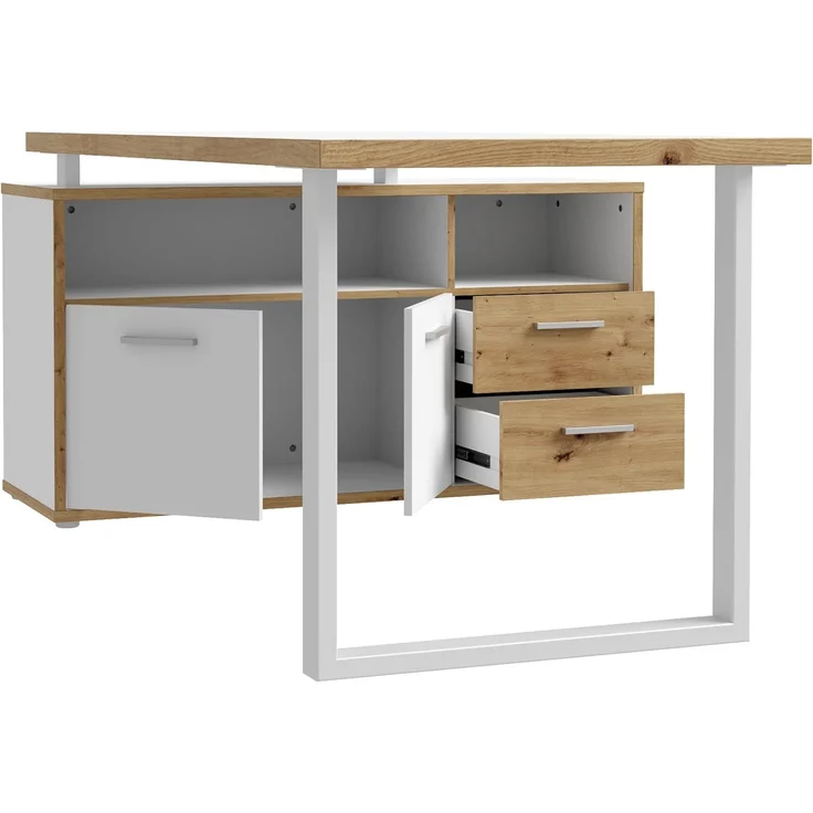 Forte KEFLAVIK Schreibtisch mit Schrank 120 130, modernes Büromöbel mit 2 Türen und 2 Schubladen, Weiß | Artisan Eiche Holzdekor, 124,2 cm breit x 74,1 cm hoch x 181 cm tief – Bild 7